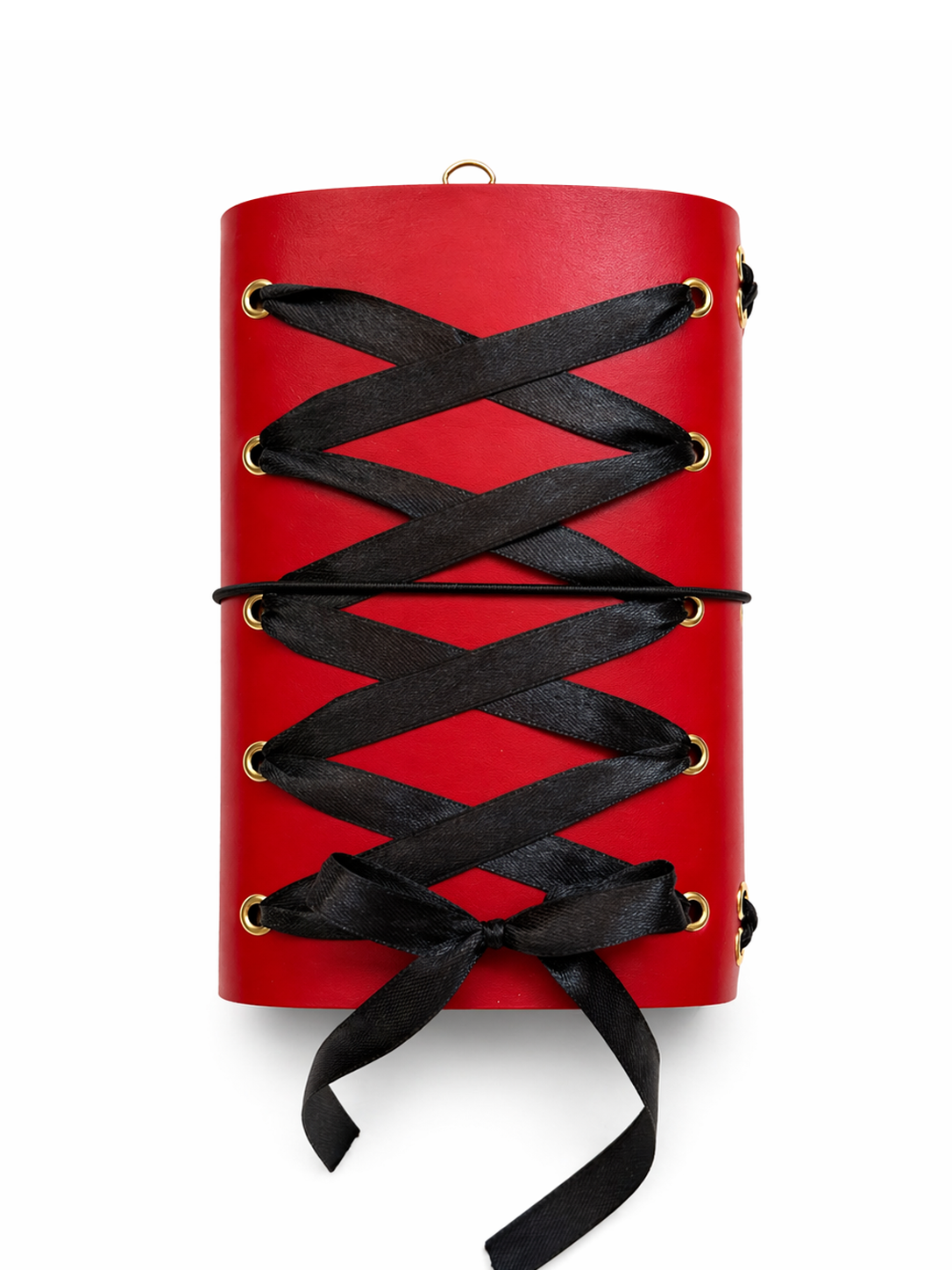 A6 red leather journal with black lace and gold charms and studs
