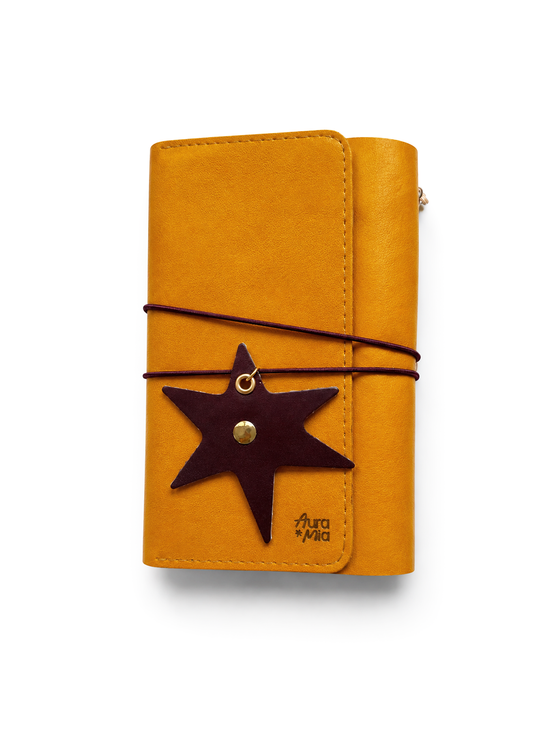 A6 navy blue leather journal with pink star charm and pink moon charm